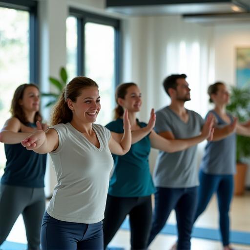 A group of office workers participating in a yoga session.