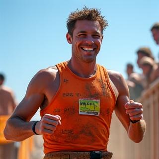 Happy client David Lee smiling at the finish line of a race.